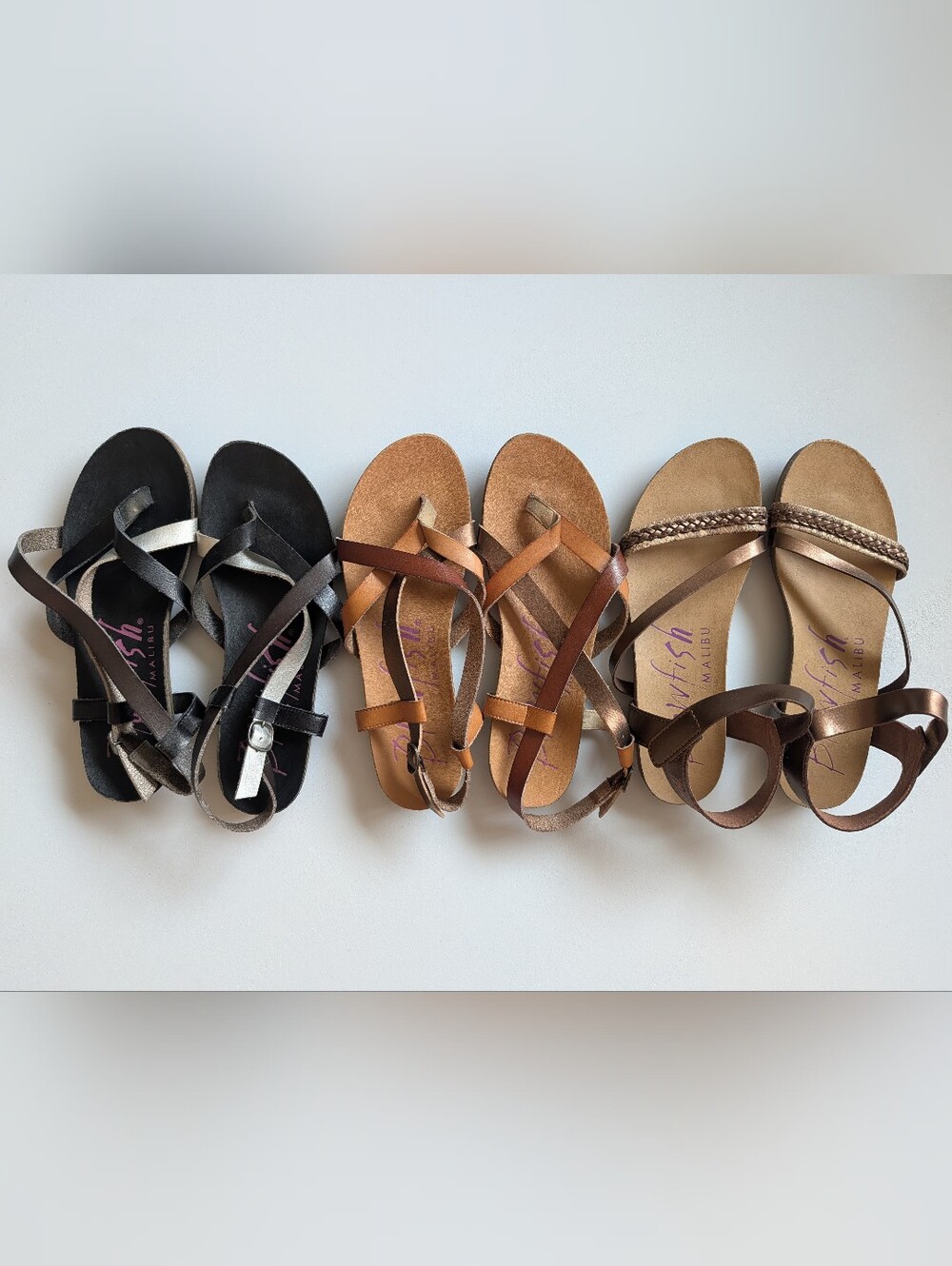 Lot of 3 Blowfish Malibu Strappy Flat Brown Black Bronze Sandals Womens 7.5